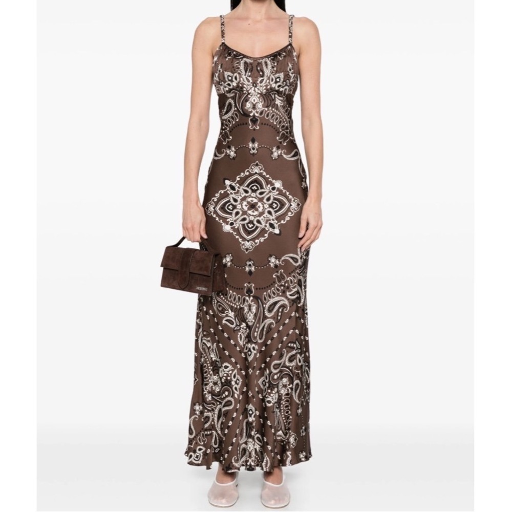 Sandro Paris Brown Paisley Bandana Print Lace Up Back Maxi Dress 38 e5